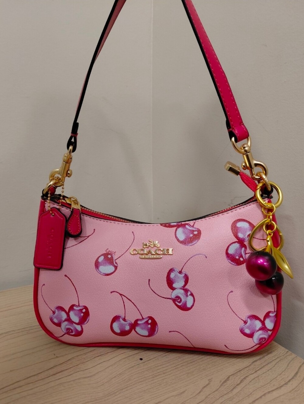 Coach Pink Cherry-Print Mini Shoulder Bag with Gold Hardware - Picture 2 of 7